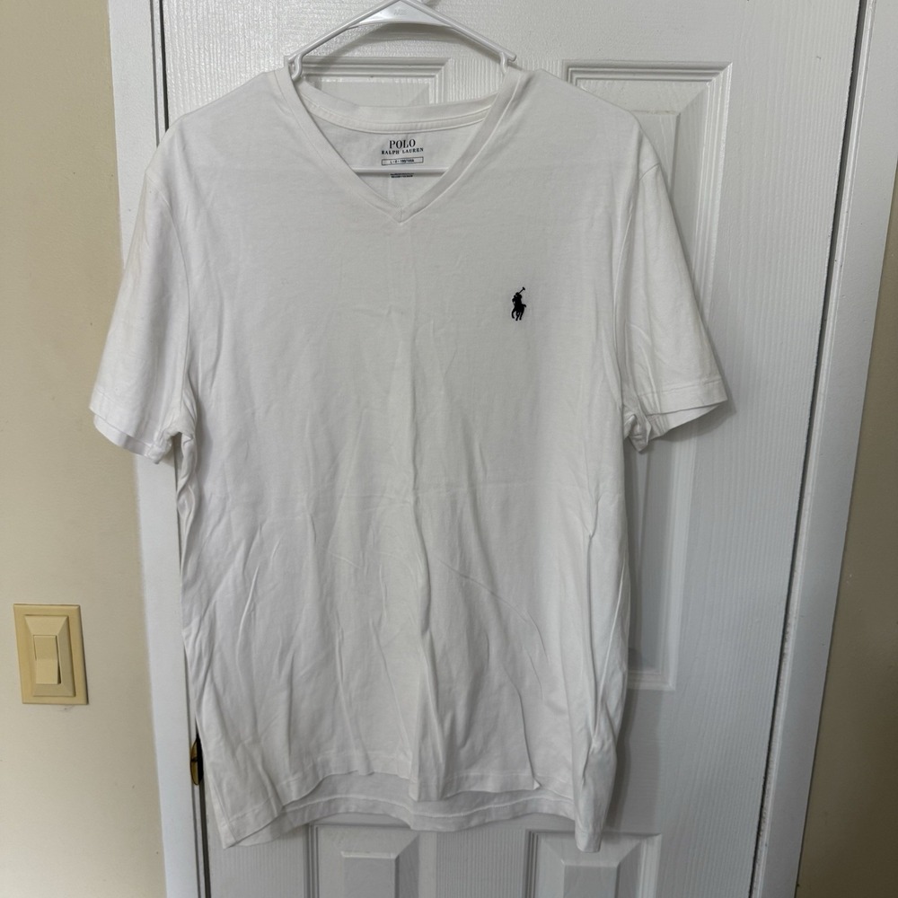 Polo Ralph Lauren V-Neck T-Shirt Mens Large White Classic Fit Cotton Pony Logo